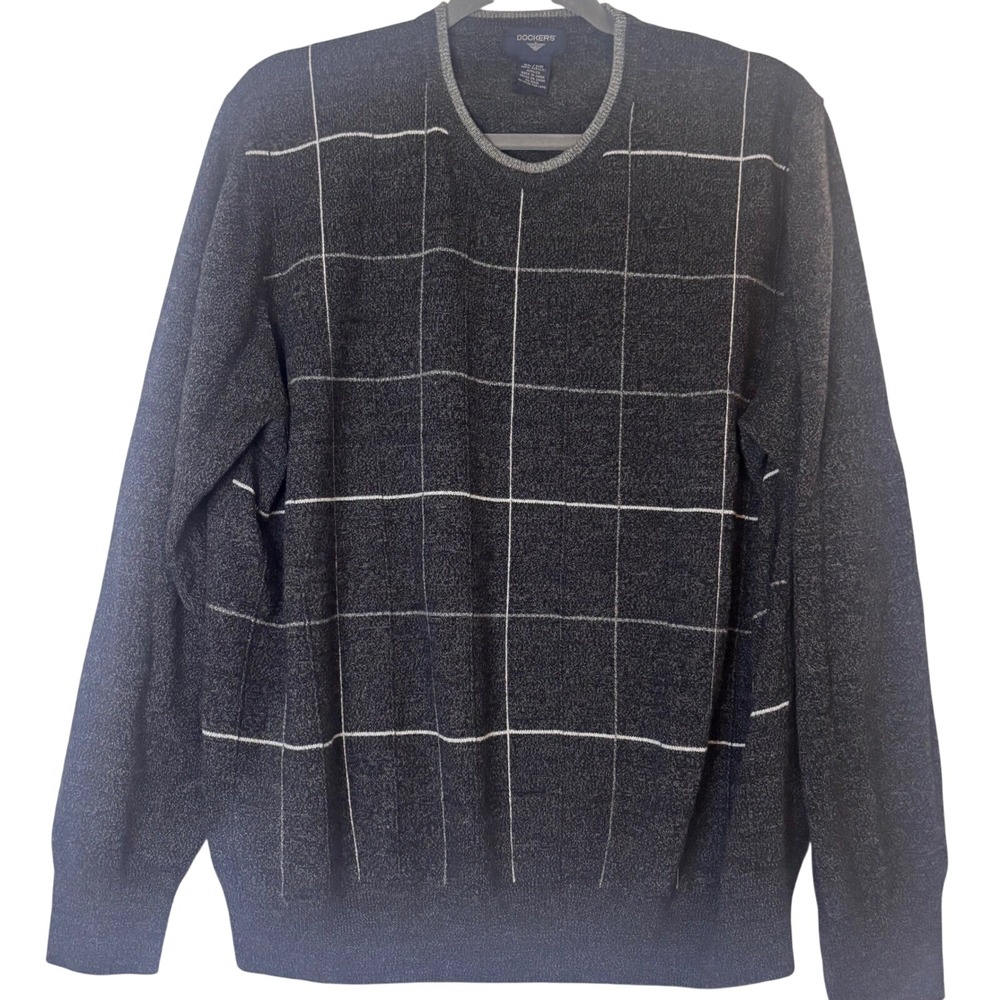 Dockers Men's Gray Plaid Crew Neck Long Sleeve Sweater Extra Large XL